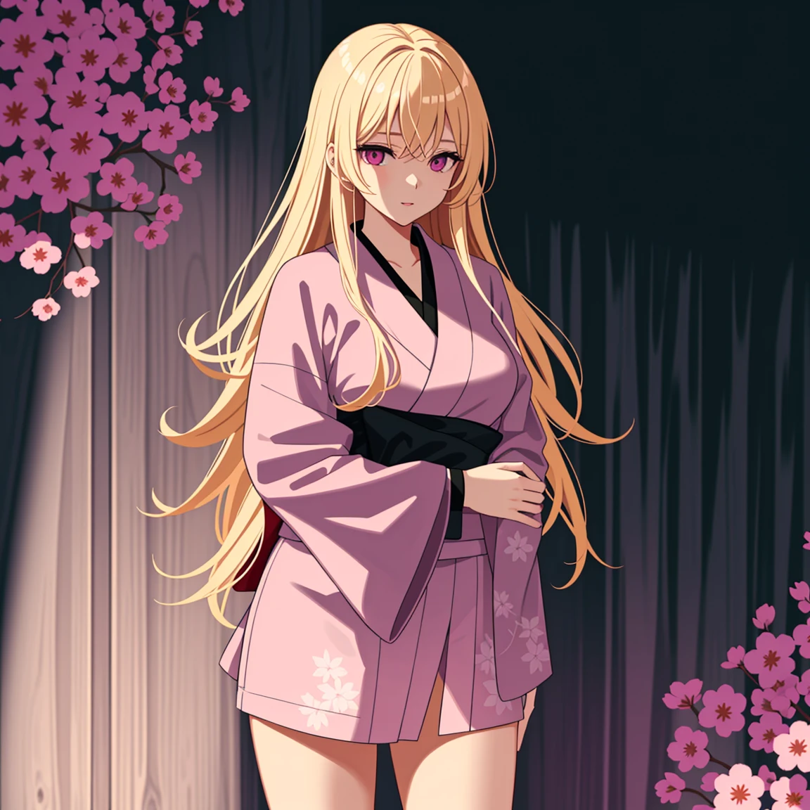 adult woman, pink eyes, long blonde hair, sexy short kimono