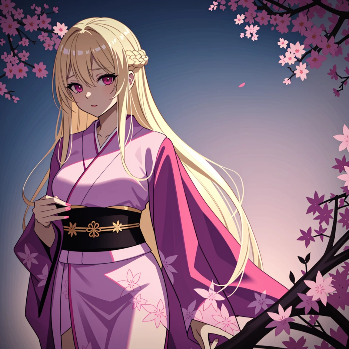 adult woman, pink eyes, long blonde hair, sexy short kimono