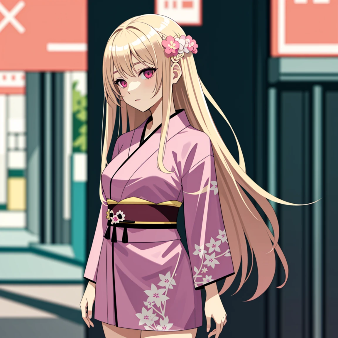 adult woman, pink eyes, long blonde hair, sexy short kimono