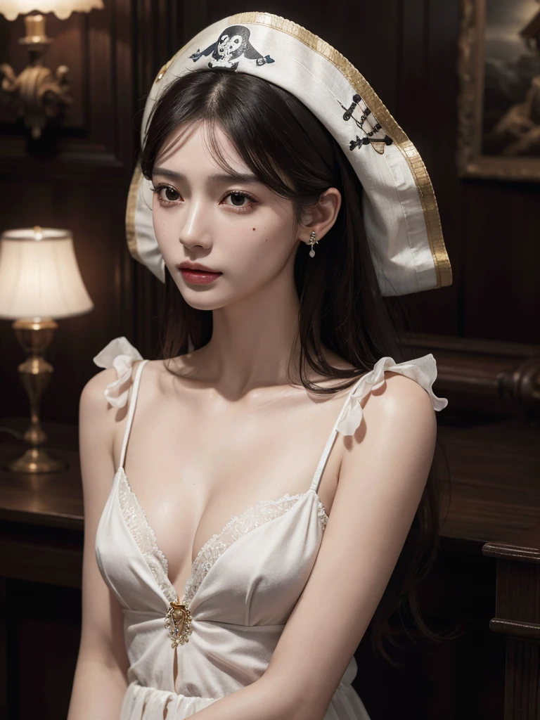 absurdres, RAW photo, extremely delicate and beautiful, masterpiece, Best Quality, ultra high resolution, 32k, hyperrealistic, ultra-detailed, delicate facial features, beautiful detailed woman, tearful mole, earring, medium breasts, ((full body shot)), medium hair, black hair, pirate captain, intricate pirate clothing,