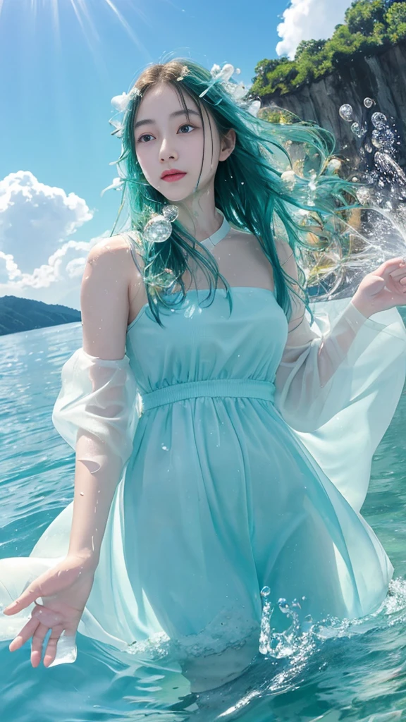 absurdres, highres, (official art, beautiful and aesthetic:1.2), (near vision:1.15), (1girl, blue hair, medium hair, blue eyes, bright eyes, long white dress, blue ruffle,:1.2) blue sky, Shimmering Galaxy, (Salar de Uyuni:1.2), (fractal art:0.8), water effects, ripple effects, (flower effects: 0.65), light effects,
