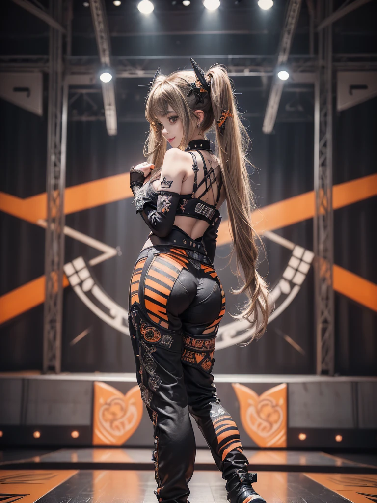 (Full Body View:1.3)、(Back view:1.4)、(Smiling with teeth showing:1.3),(Shibuya Gal:1.5)、(Gothic Lolita style fashion:1.5)、(Punk RockVisual Kei:1.5)、(Wearing a rhythmic gymnastics bodysuit with intricate details:1.4)、(Racing suit and pants with intricate white and orange decorations:1.5)、(Denim and orange and white boots:1.3)、((belt))、(Numerous delicate logo marks all over the costume:1.4)、(collar:1.3)、(Striped underwear:1.5)、20-year-old、NSFW、((Highest quality、In 8K、masterpiece:1.3))、Sharp focus:1.2、(Layered Cut、Huge boobs:1.1),Beautiful woman with perfect figure:1.4、(Dancing vigorously:1.3)、Slender Abs:1.2、Highly detailed face and skin texture、Detailed eyes、double eyelid,(Twin tails:1.3)、(Brown-golden hair:1.3)、Gravure idol、(The background is the stage of the fashion show:1.3)、(Slim body:1.3),(Make your legs thinner:1.4),(clavicle:1.1)、(Thin and slim thighs:1.3)