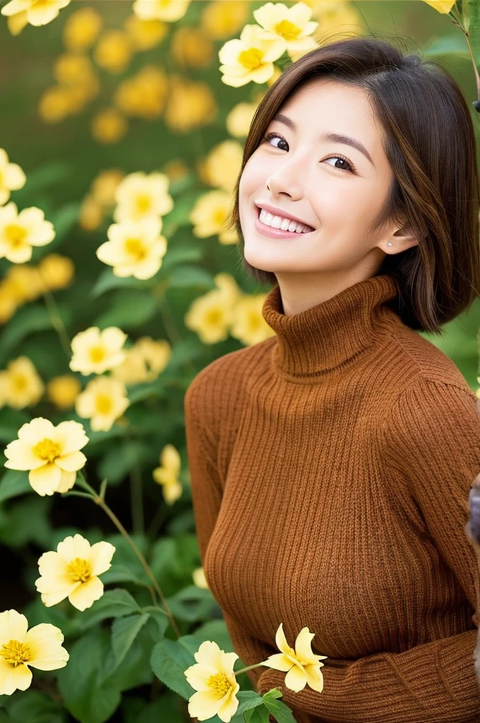 host face、sexy face、turtleneck wool sweater、High quality、Super realistic、healthy、smiling expression、perfect slender figure、Japanese beauty、 perfect eyes、Shining beautiful skin、upper part of the body、The background is yellow flowers