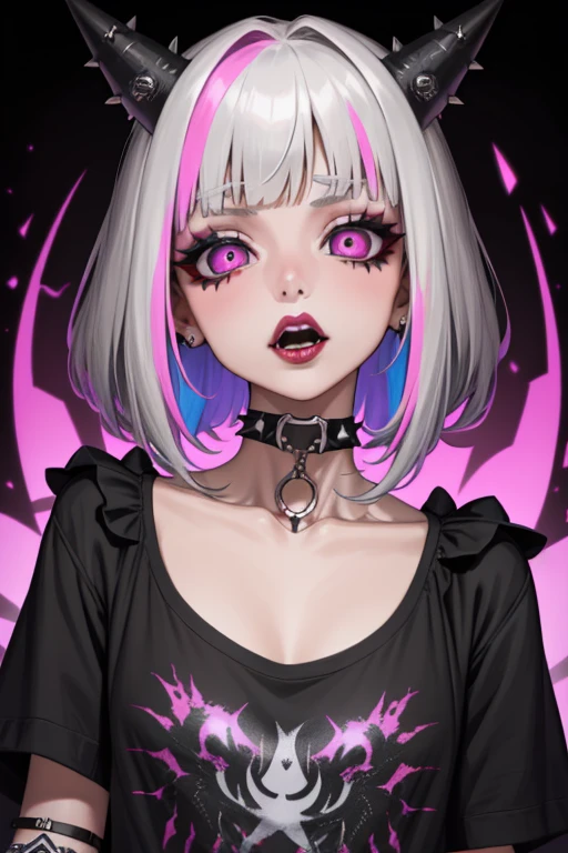 punk, 1girl, solo, looking at viewer, bangs, simple background, shirt, black hair, hair ornament, jewelry, purple eyes, collarbone, white shirt, multicolored hair, choker, blunt bangs, pink eyes, grey background, nail polish, collar, bracelet, two-tone hair, eyelashes, makeup, glowing, piercing, ear piercing, portrait, black nails, spikes, black lips, open mouth, lips,, masterpiece, best quality, highly detailed