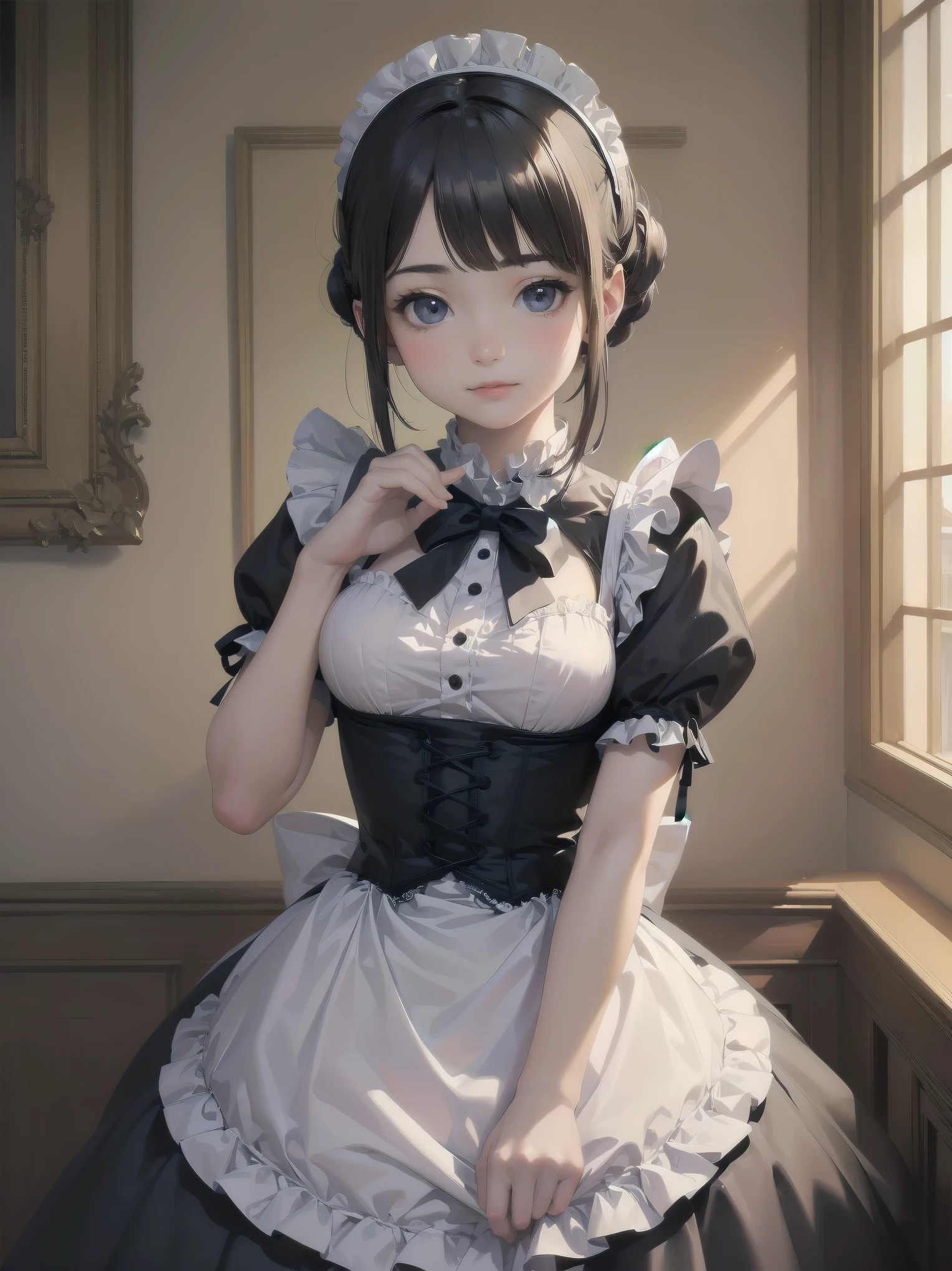 (Highest quality、16K、masterpiece、Ultra-high resolution、Victorian era、Photorealistic:1.2)、A delicate Lolita girl, 6、Cute pose super maid、