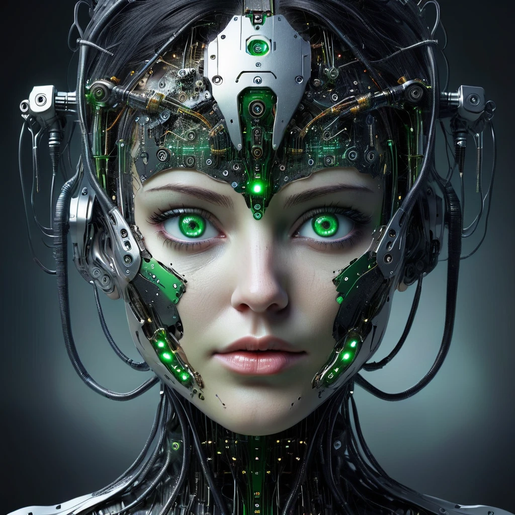 Cybernetic female face without physical body. With cybernetic components on the face. Green eyes. [Female face] [Cybernetic]