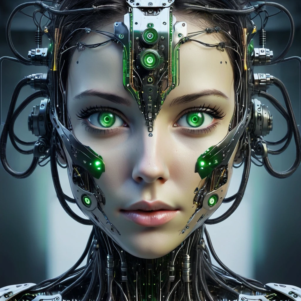 Cybernetic female face without physical body. With cybernetic components on the face. Green eyes. [Female face] [Cybernetic]