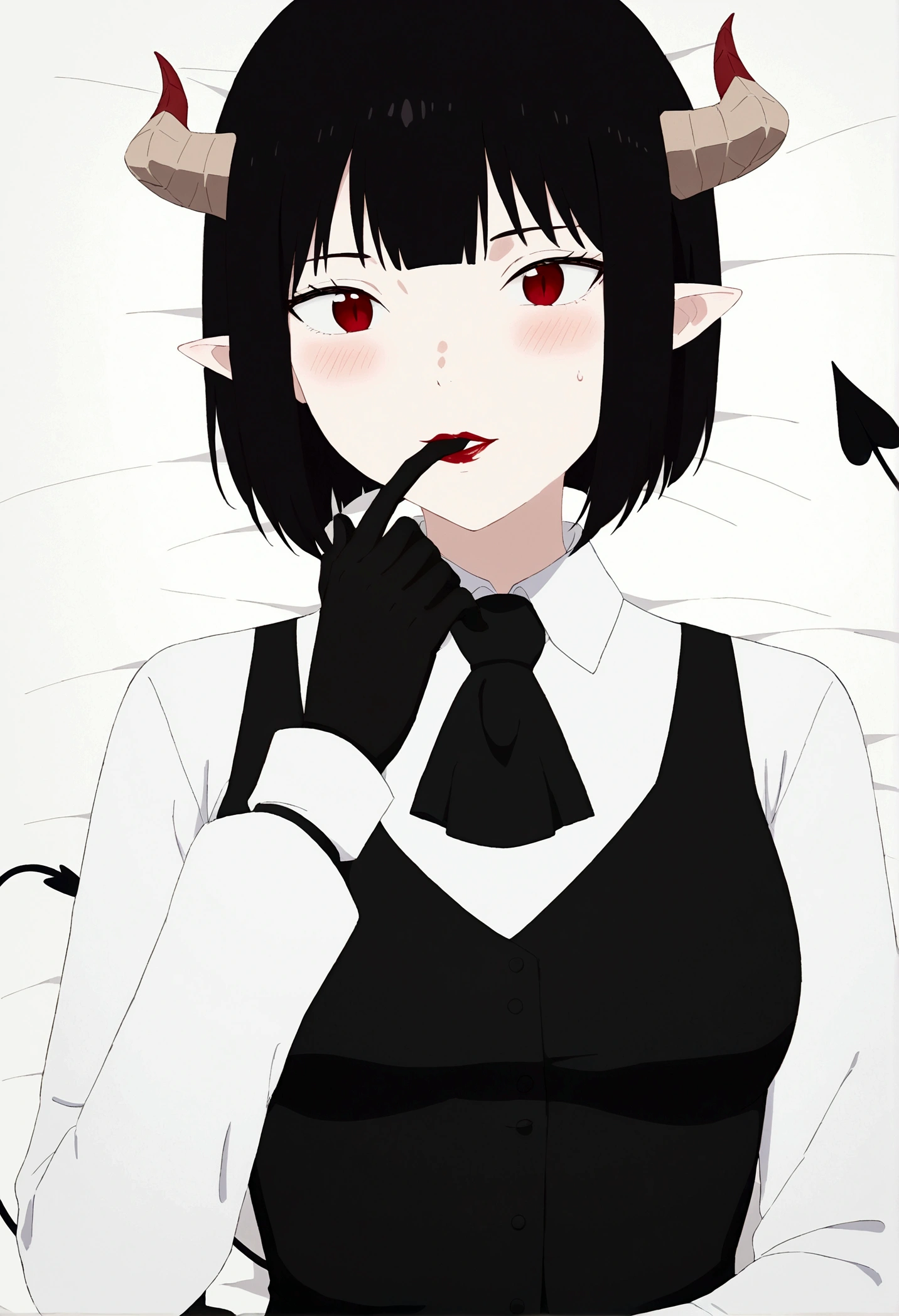 work of art, best qualityer, high resolution, 1girl horns short hair demon tail, white shirt black ascot black gloves black pants black vest,Bblack hair, laying on back, sheet, ,blushed,face red,finger her mouth,finger our lips
