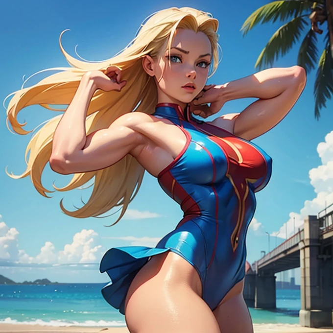 Cammy white, street fighter, sexy, blond, long hair, perfect body, thick legs, standing, red Brett, blue detailed swim suit, blue dress, solo, highly detailed,