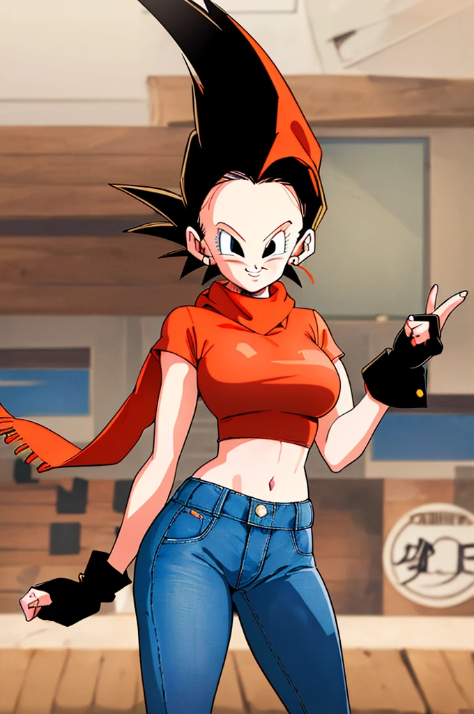 ((Masterpiece,Best Quality)),pan, dragonball, absurdities,
1 girl, black eyes, black fur, short hair, orange scarf, jeans, black fingerless gloves, Red shirt, crop top, 
Alone, smiling, looking at the viewer, cowboy shot,