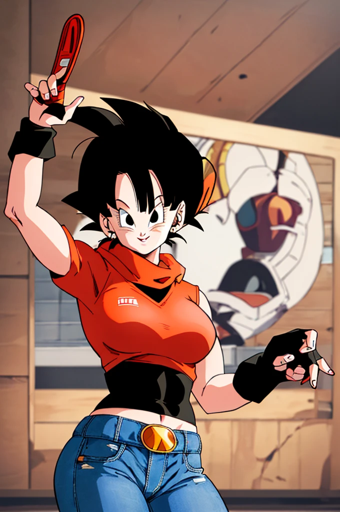 ((Masterpiece,Best Quality)),pan, dragonball, absurdities,
1 girl, black eyes, black fur, short hair, orange scarf, jeans, black fingerless gloves, Red shirt, crop top,
Alone, smiling, looking at the viewer, cowboy shot,