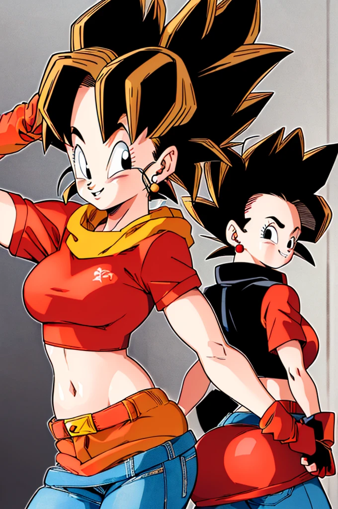 ((Masterpiece,Best Quality)),pan, dragonball, absurdities,
1 girl, black eyes, black fur, short hair, orange scarf, jeans, black fingerless gloves, Red shirt, crop top,
Alone, smiling, looking at the viewer, cowboy shot,