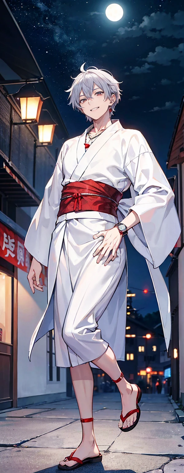 High resolution, High resolution,2D Anime Style,,Cool guy,Mature,,20th generation,Short Wolf Hair,Silver Hair,Red eyes,Beautiful Watches,Beautiful earrings,Beautiful Necklace,Cool Yukata,He is laughing a little,night,Standing with your legs apart,festival