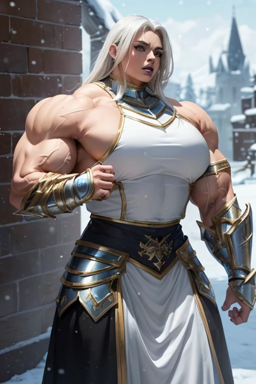 ((((Massive beautiful, buff, light brown skinned muscular paladin woman with white hair, black lipstick, ginormous bulky muscles and wearing full gleaming white paladin knight armored with a long tiered skirt)))), (close view), vascular, massive muscle, massive biceps, hyper muscle shoulders, hyper muscle triceps, (long straight hair), blue eyes, (knight boots), (metal armor), breastplate, gauntlets, determined look, (in a castle in heaven), snowfall, Vascular arms, hyper muscles arms, hyper muscle legs, massive buff arms.