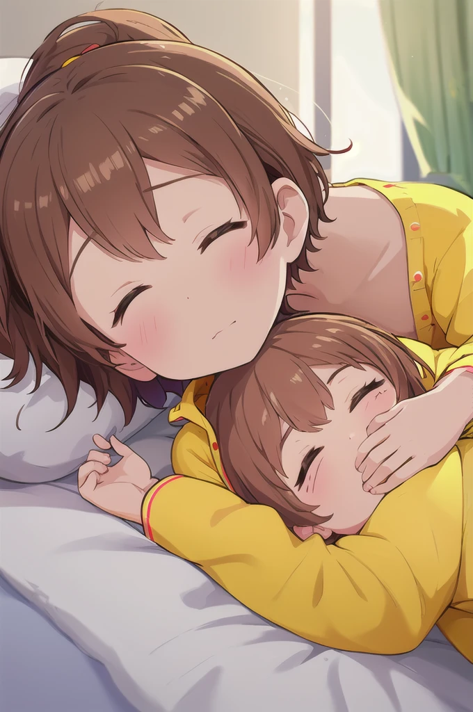Highest quality,masterpiece,indoor,On the bed, 1girl,独奏,Lying on your back, face, face focus,Close ~ eyes,Close your mouth,Are sleeping,yellow pajamas,Brown Hair, short hair, ponytail,Flat Chest,