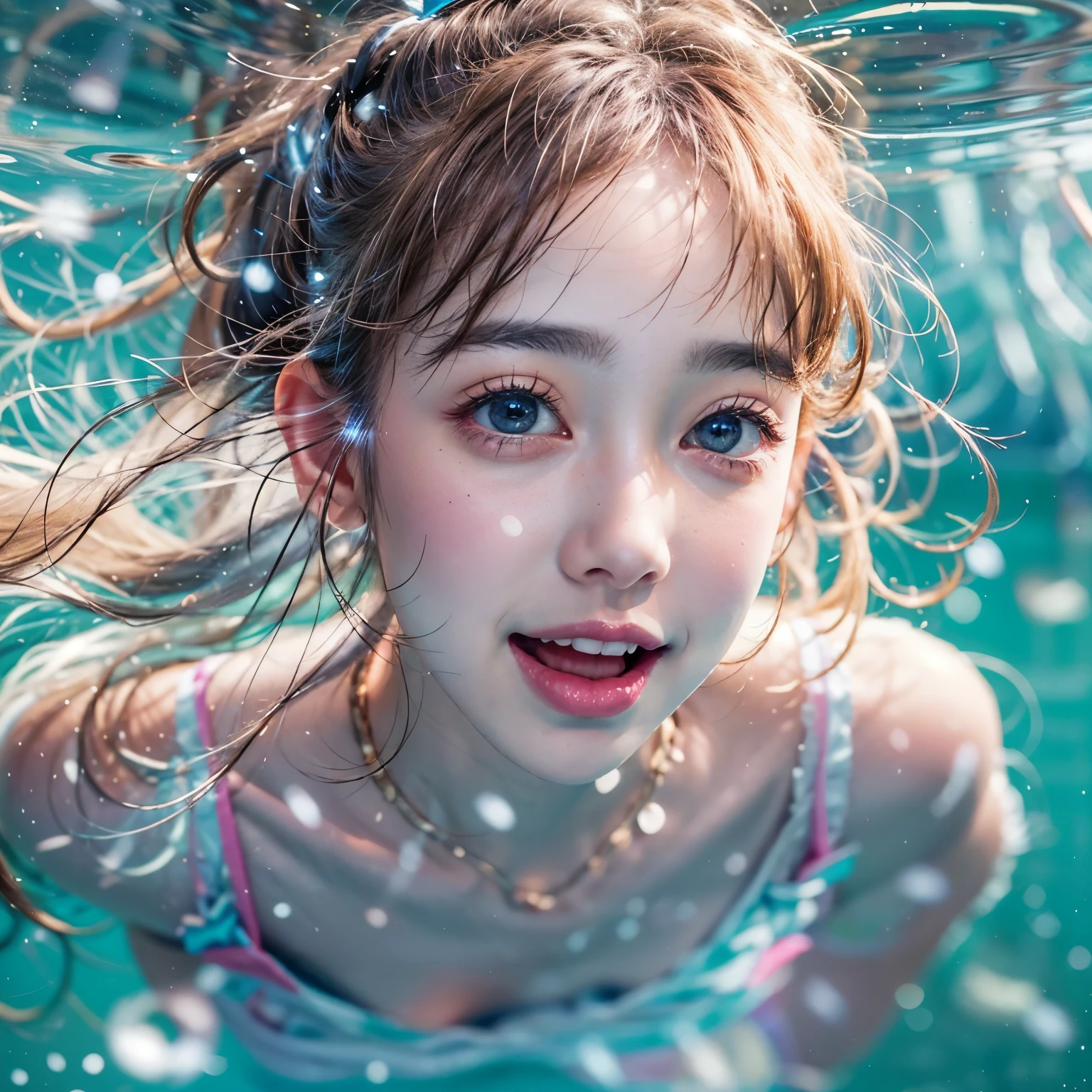 (8K TopQuality masterpiece: 1.2)(Realistic ProfessionalPhoto:1.37), VolumetricLighting. Tiny Girls, girl jumping into the water、Falling、splash water、shout、Luminous water surface、White and Bright colors, back lighting, Radiant PearlSkin, sparkling highlights, Detailed KAWAII face with cute lips, long eyelashes, Delicate clothes, Detailed open crotch