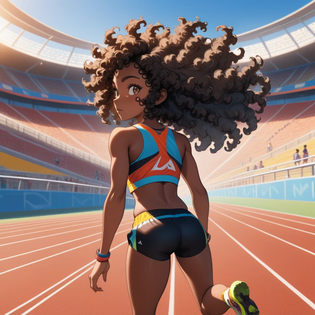 (Masterpiece, Best Quality, extremely detailed, vivid colors:1.3), Female athlete dressed in sports top and shorts in running position preparing to run, 1chica, Alone, black skin, Curly hair, black fur, Slim and toned body, the background is an athletics track