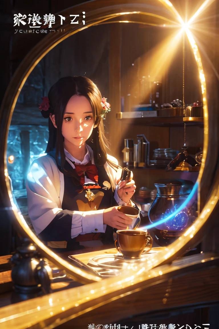 Anime girl sitting on a chair with a coffee cup in her hand, Alchemist Girl, Light novel cover, Official Art, Epic light novel art cover, Official Artwork, epic Light novel cover, change, isekai, small curve change, Kushat Wreath, Kshat Krentz Key Art Feminine, Shadowverse Style, Moe Dwarf,
