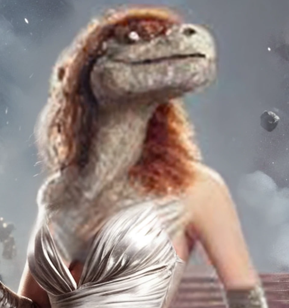 top half of elegantly dressed female dinosaur