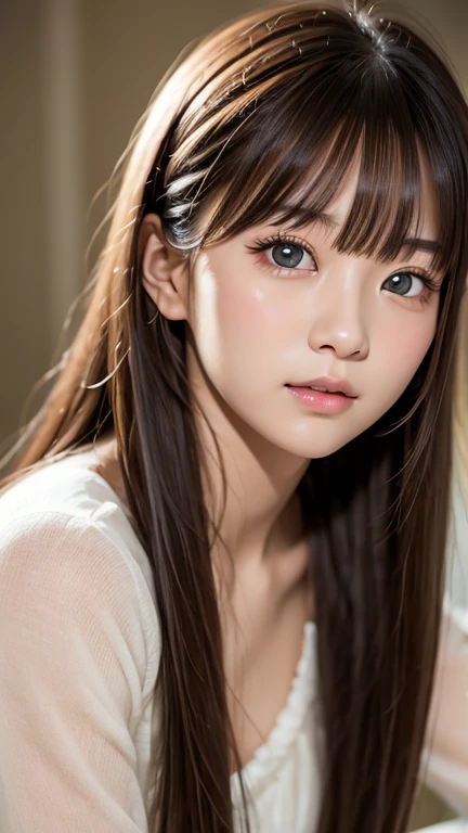 Bright expression、Photorealism、Highest quality、Ultra-high resolution、picture、Photos of the most beautiful Scandinavian girls、A cute and beautiful face down to the last detail、Small Face、(Purelos Face_v1:0.008)、Beautiful Bangs、Alice in Wonderland、18-year-old、Glowing White Skin、Hair tangled in the face、Bangs on the face、Bans、Hair between the eyes、Super long hair、Attractive brown silky hair、Beautiful, bright, clear, light blue eyes with an attractive sparkle、、、eyeliner、double eyelid、Small breasts、Cowboy Shot、Dynamic pose