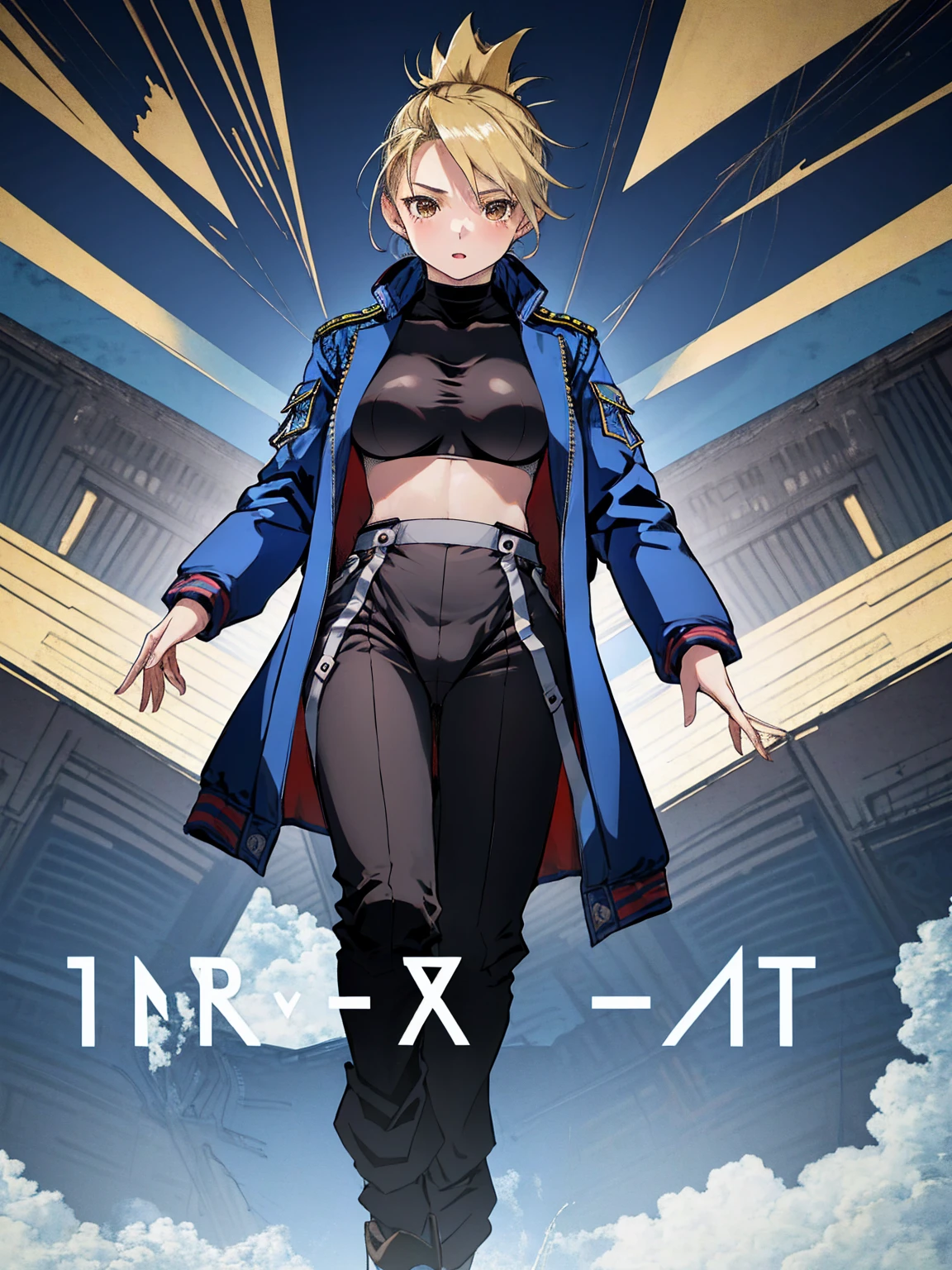 masterpiece, Highest quality, High resolution, One girl, (Blue jacketの下にBlack innerwearを着ている), Folded ponytail, Brown eyes, , (uniform, Blue jacket, Blue pants), ,Big Breasts, Black innerwear, (
