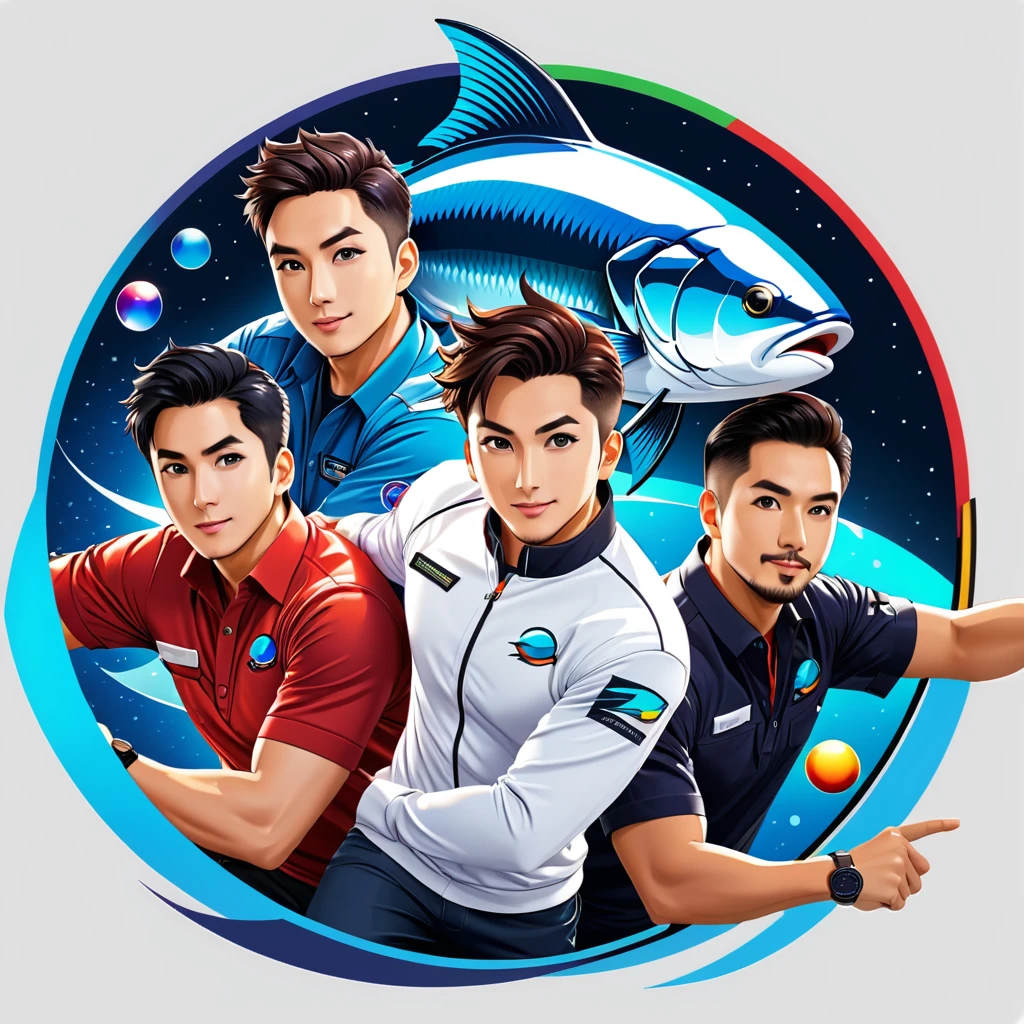 trader , forex , group shot, space fish team, action pose, t-shirt design, anime style, cartoon, logo, vector graphic, simple and smooth, no background, circle outline