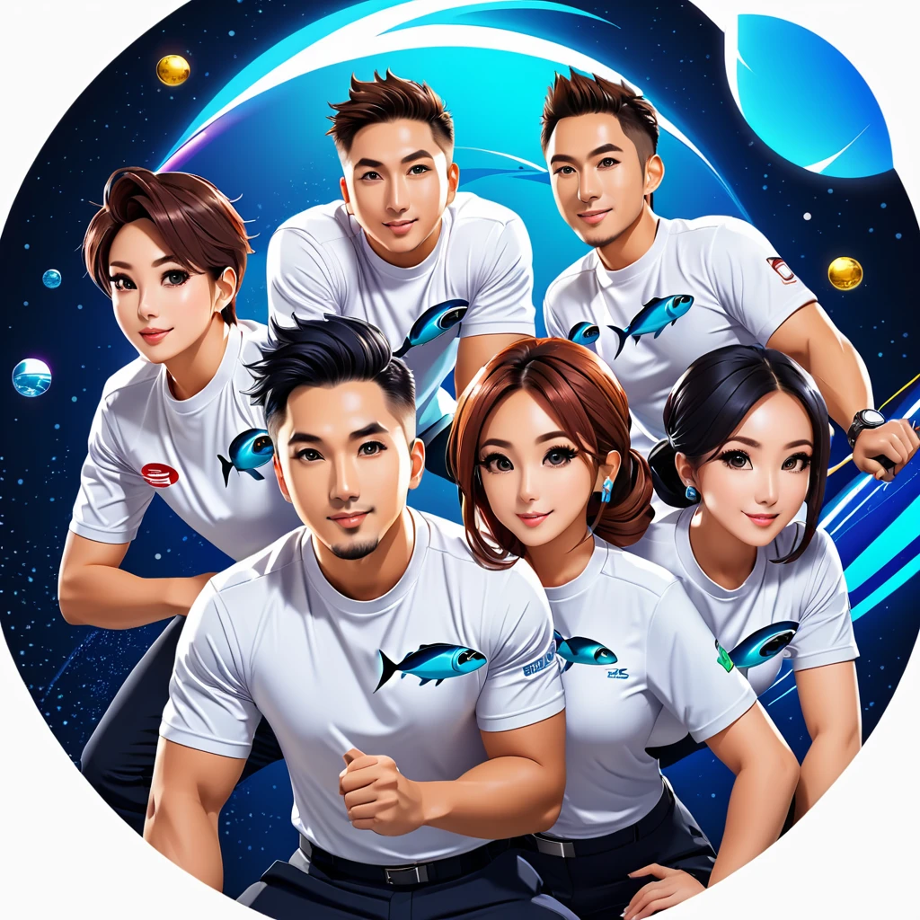 trader , forex , group shot, space fish team, action pose, t-shirt design, anime style, cartoon, logo, vector graphic, simple and smooth, no background, circle outline
