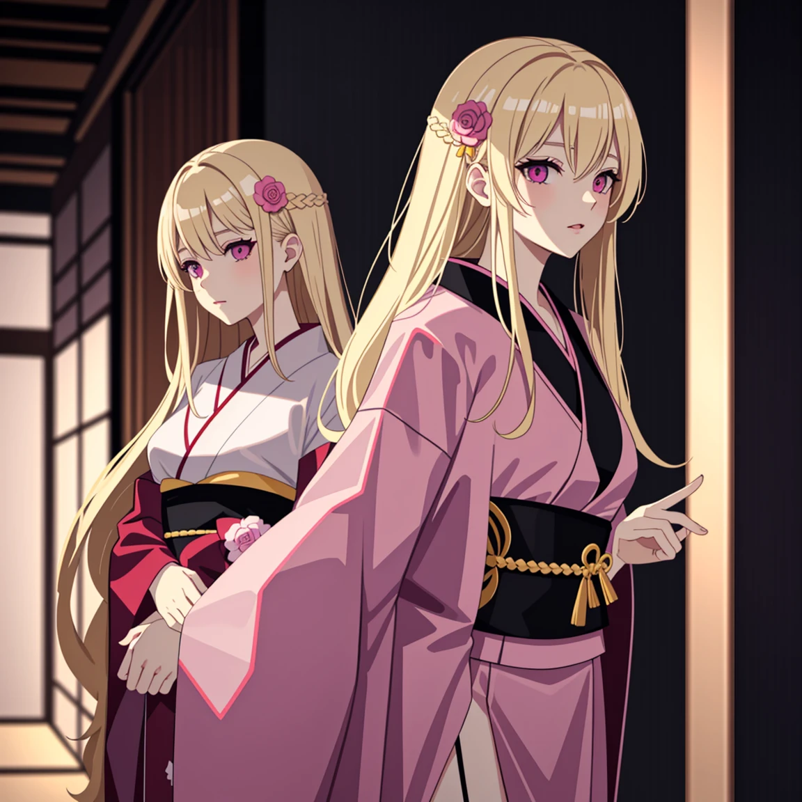 adult woman, pink eyes, long blonde hair, sexy short kimono