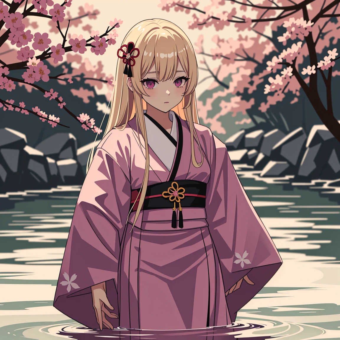 adult woman, pink eyes, long blonde hair, sexy short kimono