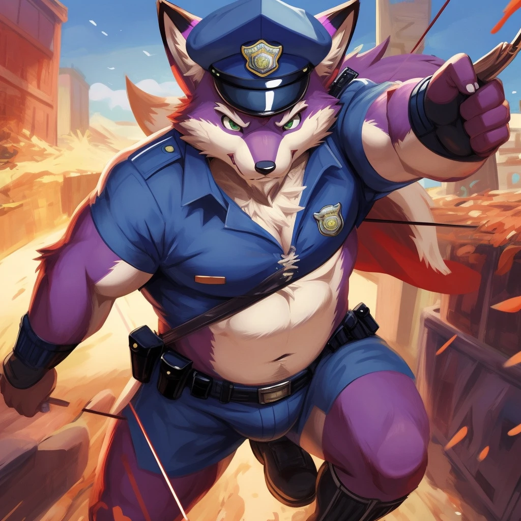 anthro, kemono, male, solo, (((anthro fox))), (((purple fox))), (((purple fur))), purple hair, green eyes, beard, white eyebrows, mature, muscular, (((beard))), white background, hold a bow, archer, ((((policeman, police outfit, police cap))), full body, splash art, (((action pose))), archery pose, shoot an arrow, 