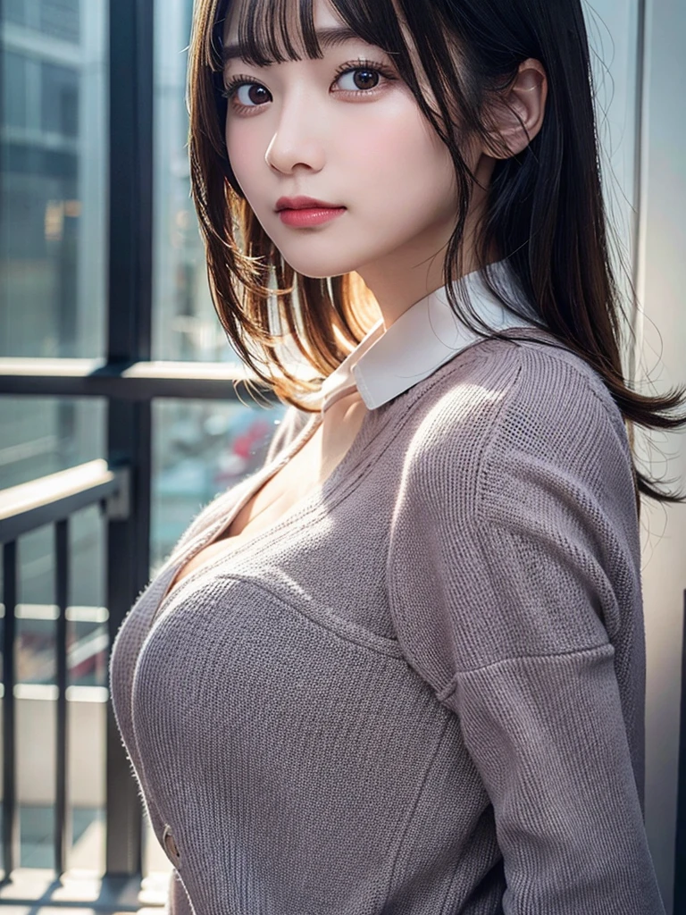 (8K, RAW photo:1.2)detailed face and eyes,highest quality, ultra high resolution, very detailed ,intricate details ,pieces fly ,pretty girl, soft light like a movie, hyper detail,sharp focus on breasts, (beautiful black hair), (bob cut), (cleavage is visible),(pink cardigan)、(denim itting)(spread your legs a little)(random pose)