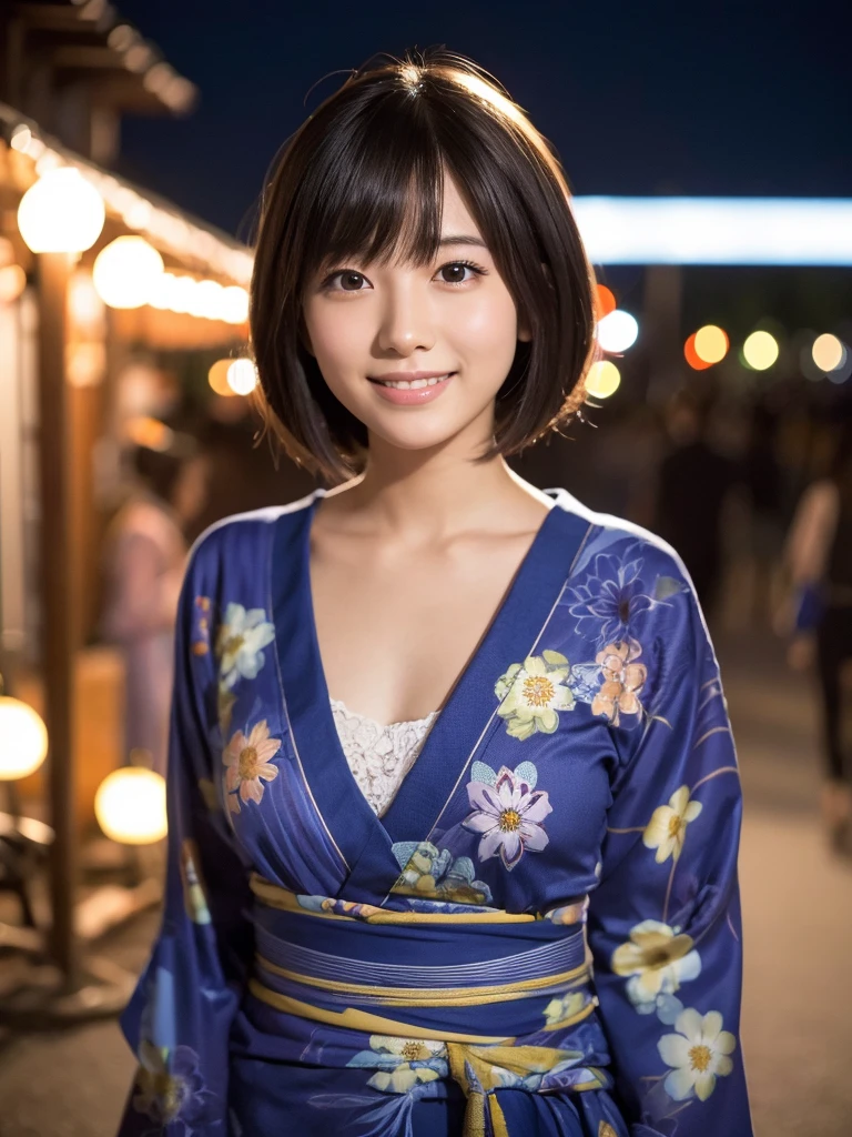 20 year old japanese woman actress, festival at night, yukata, short bob hairstyle with bangs, happy expression, (best quality,4k,8k,highres,masterpiece:1.2),ultra-detailed,(realistic,photorealistic,photo-realistic:1.37),side lighting,rule of thirds composition,blurred background