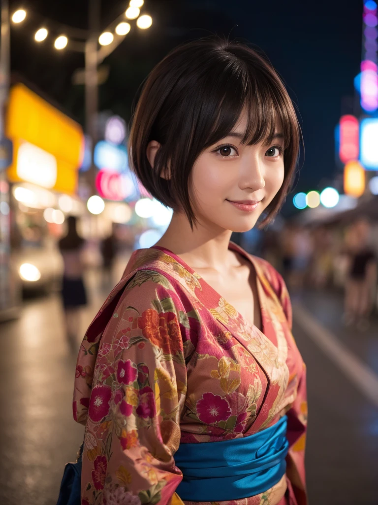 20 year old japanese woman actress, festival at night, yukata, short bob hairstyle with bangs, happy expression, (best quality,4k,8k,highres,masterpiece:1.2),ultra-detailed,(realistic,photorealistic,photo-realistic:1.37),side lighting,rule of thirds composition,blurred background