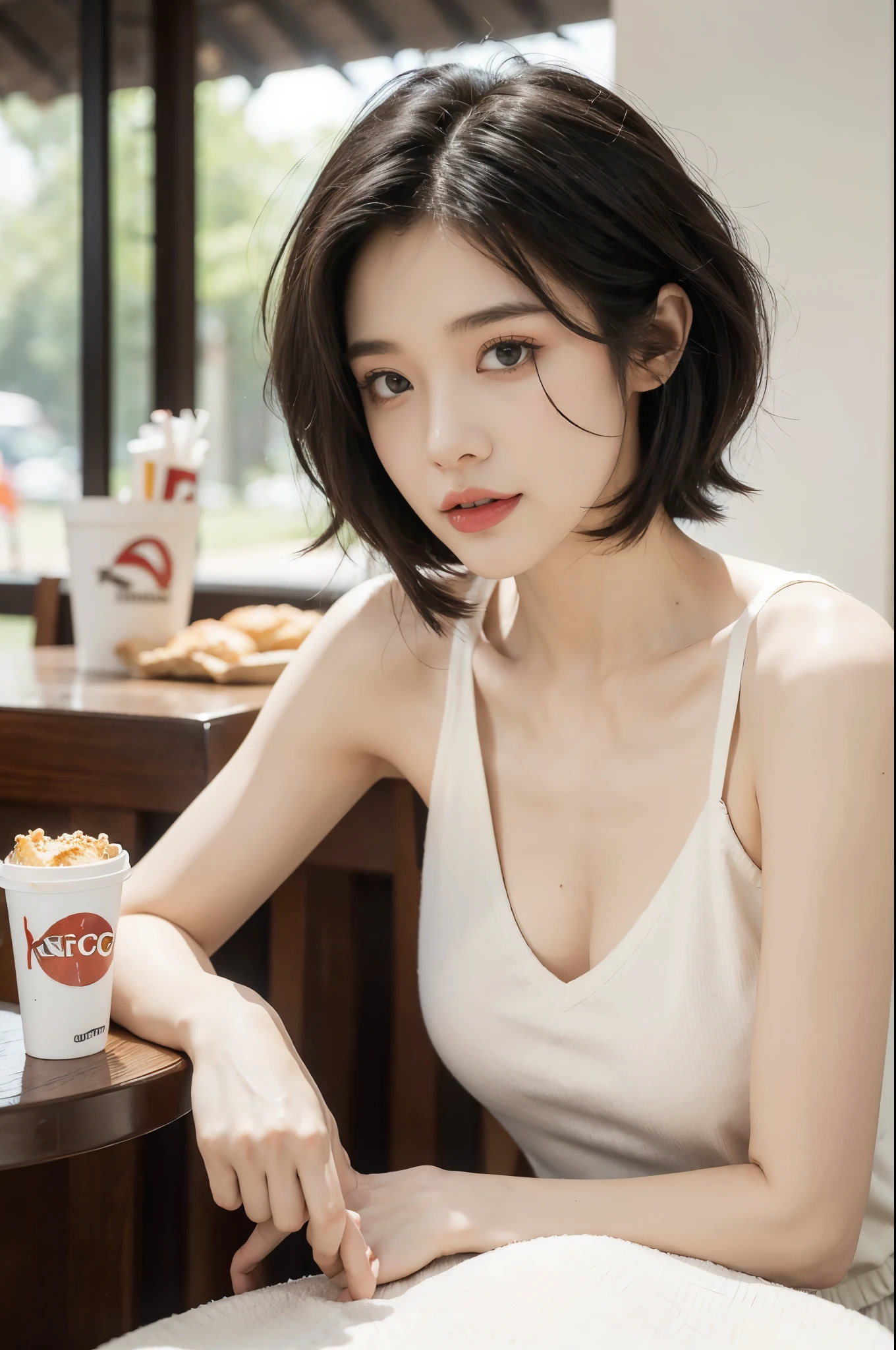 (((best quality))),(((ultra detailed))),(((masterpiece))),illustration,((1girl,solo)),(straight black bob hair:1.2),((slim,thin)),((small breasts,flat chest)),sitting,(in KFC:1.3), (burgers and drink on the table:1.2),((white collared shirt, white strap tank top, white pants)), clean, fresh, bright face, sparkling eyes, rosy cheeks, beautiful smile, white teeth, neatly combed hair,soft hair,V-neck, collarbone, sexiness,visible, natural, carefree, high-waisted, slender waist, taller, bustling restaurant, other customers, enjoying meals, chatting, bright lighting, warm atmosphere, joy, relaxation, cute appearance, carefree attitude, visually appealing, heartwarming,((upper body,from front))