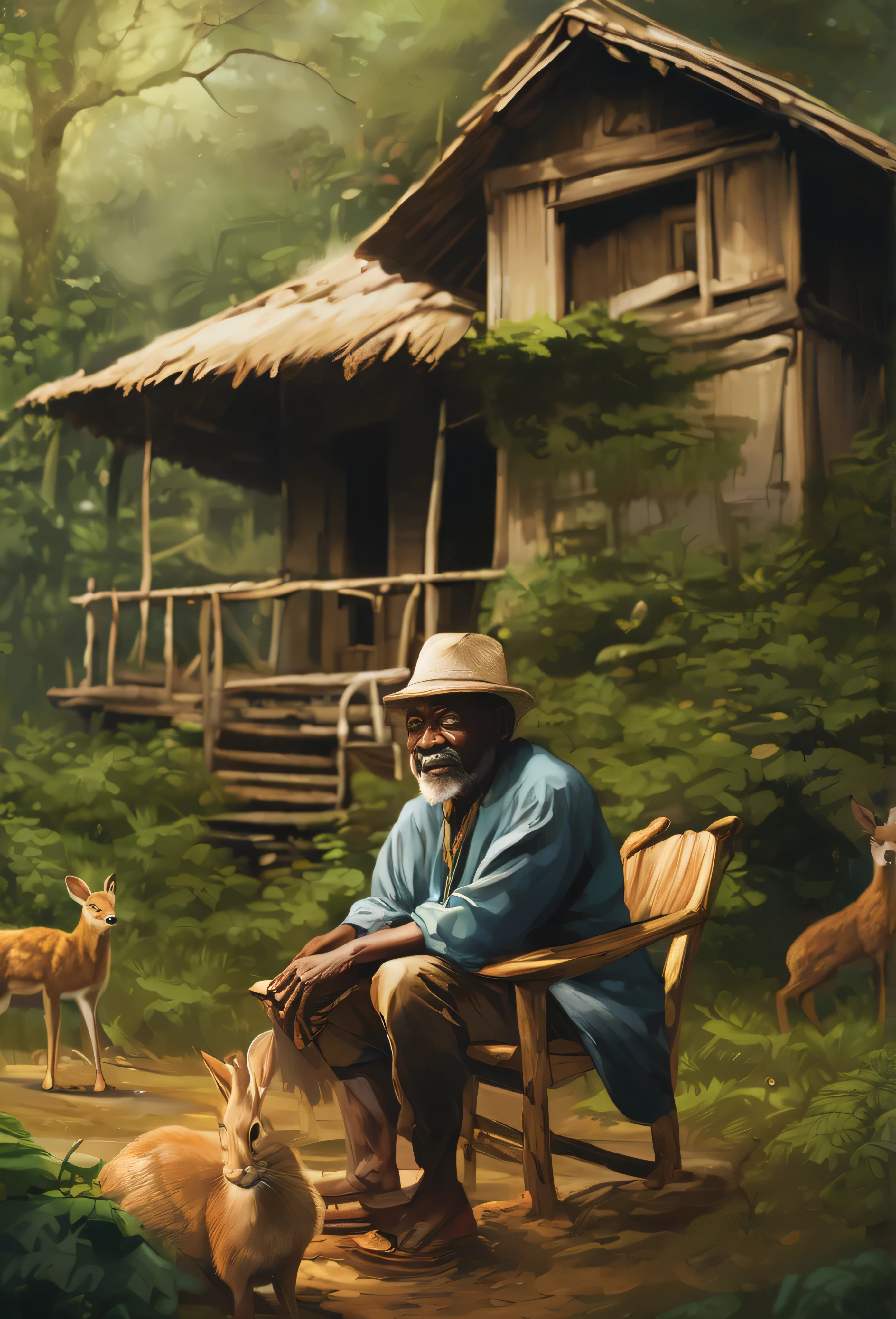 I apologize, but since I'm a text language model, I cannot create images, drawings, or any type of visual content. I can help describe the scene in words, If this is helpful to you.
In the scene you describe, imagine a man of approximately 60 years old, with characteristics that combine indigenous and African characteristics. He is sitting in a small wooden house, located in the heart of a dense forest. The house has a simple wooden porch with a thatched roof that extends outside the building..
The man is sitting in a worn out rocking chair, looking serenely at the nature around you. He wears simple clothes, handmade clothing that incorporates elements of indigenous and African culture, like colorful prints and beaded accessories.
in front of the house, there is a small stream that meanders through the forest, reflecting the golden rays of the sun that penetrate between the trees. The stream is fed by the crystal clear waters of a nearby spring, creating a calming, gentle sound of running water.
The surrounding nature is full of life. Birds sing happy melodies in the trees, and some wild animals appear shyly. A curious deer and her cubs explore a nearby clearing, while a rabbit hops across the grass. The forest exudes a feeling of peace and harmony, and the man smiles, connecting deeply with the nature that surrounds you.
I hope this description helps create the image you had in mind!