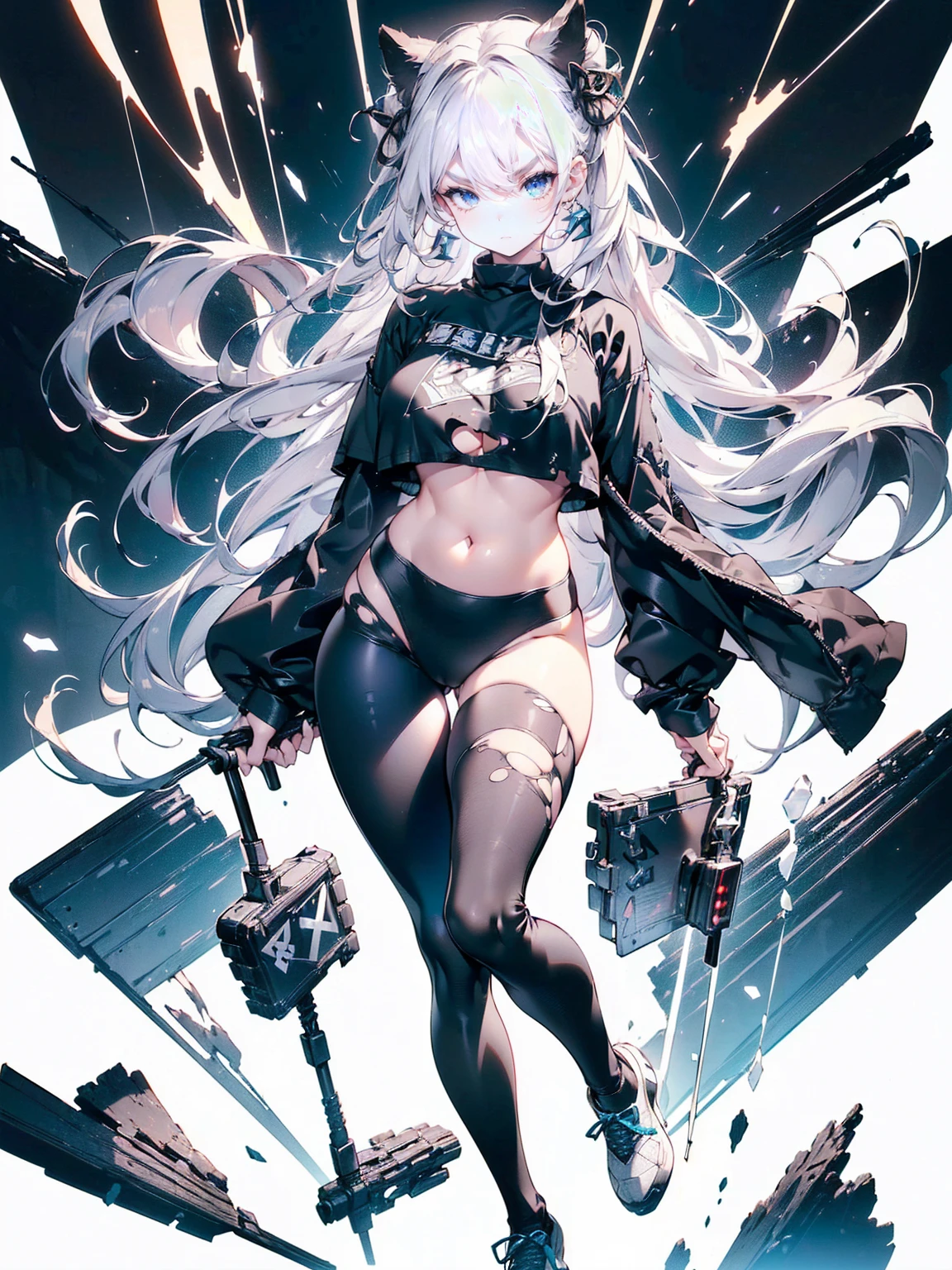 (White Hair Girl), (Thick, dark blue eyebrows:1.4), (Dark blue eyebrows:1.7), (Thick eyebrows:1.3), (Huge black fluffy animal ears:1.1), (Black animal ears:1.1), BREAK, (((Mesh Stitching Crop T-Shirt, Cutout Long Sleeve Top))),BREAK, (Big Breasts:1.4, Thick legs, Adult female body, Sturdy body:1.2), ((full body:1.7, Contrapposto:1.5)), (sharp eyes, Ultra-high definition CG, Precisely designed costumes, 4K, 8K, Ultra-high definition CG, Precisely designed costumes, Clear lines, Expressive and Captivating Eyes, Fine Details and Realistic Textures, cinematic lighting), ((white background)), BREAK, (Wearing black leggings with holes), Skinny sleeves, (Torn and holey leggings:1.2)(Black leggings:1.4), (過剰なRuggedThick soleブーツを履いています:1.2), (Thick sole:1.5), (Big shoes:1.3), ((Lightsabers:1.3, embarrassed))