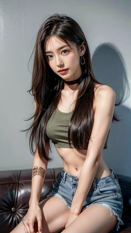 young girl, (19 years old), (perfect face), fit the body (Tattoo legs), (style: rock), (have green eyes), (Full body only......), (tired: shirtless, bare chest ,Cover the chest with your hands..., เปิดหน้าท้องกว้าง ripped jean shorts , open thigh high,low waist), (purple, short, straight hair), (moderate, Open your stomach wide..., rounded chest), (in the background, rock style night club).
