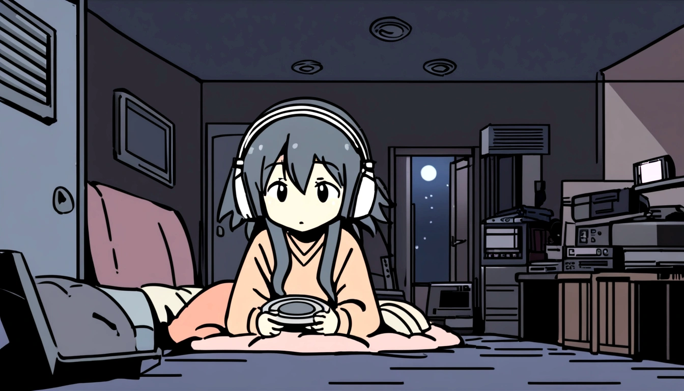 night、Girl listening to music in a cozy room, Use headphones, 2D Style Anime, Lo-Fi, hard disk, Dark Environment、Makoto Shinkai style