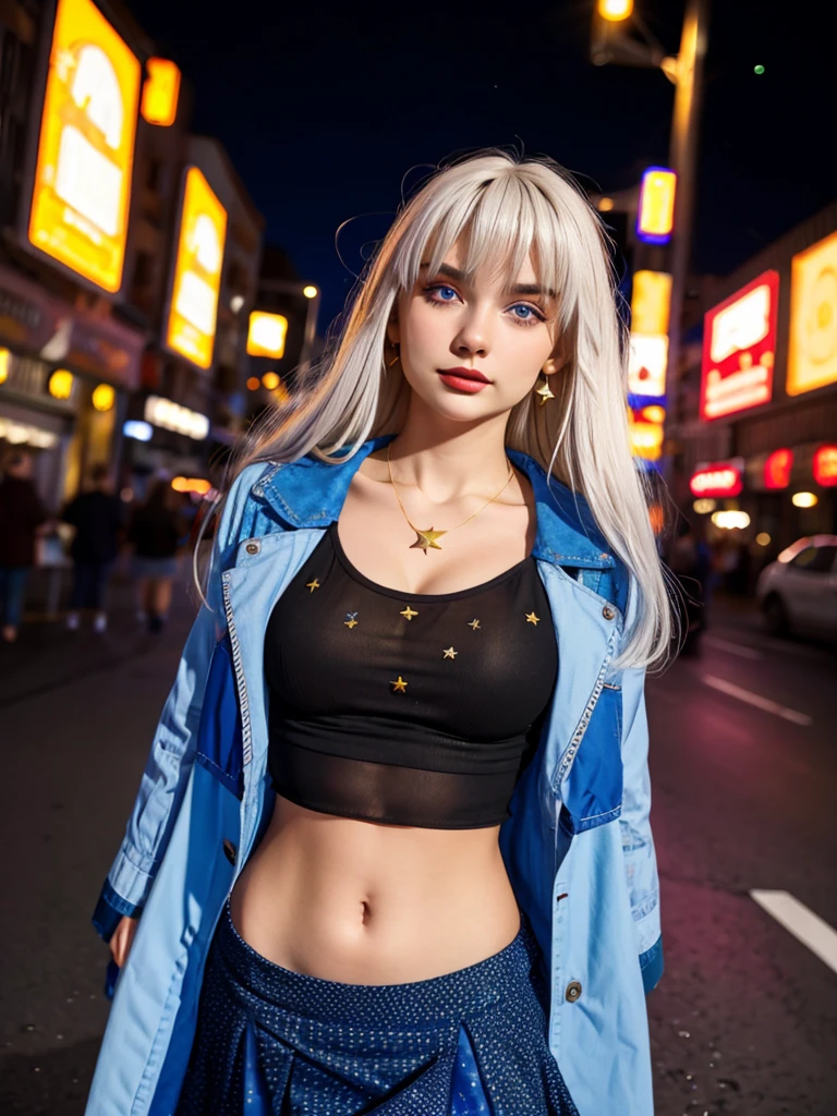 1girl, solo, very long hair, white hair, curly hair, big blue eyes, black hair ribbon, blush,  golden star earrings, Violet colors, red lips, looks away, shy, european city background, outside, night, neon lights, stars, wearing a blue skirt, white mesh top, thin eyebrows, european face, stars necklace