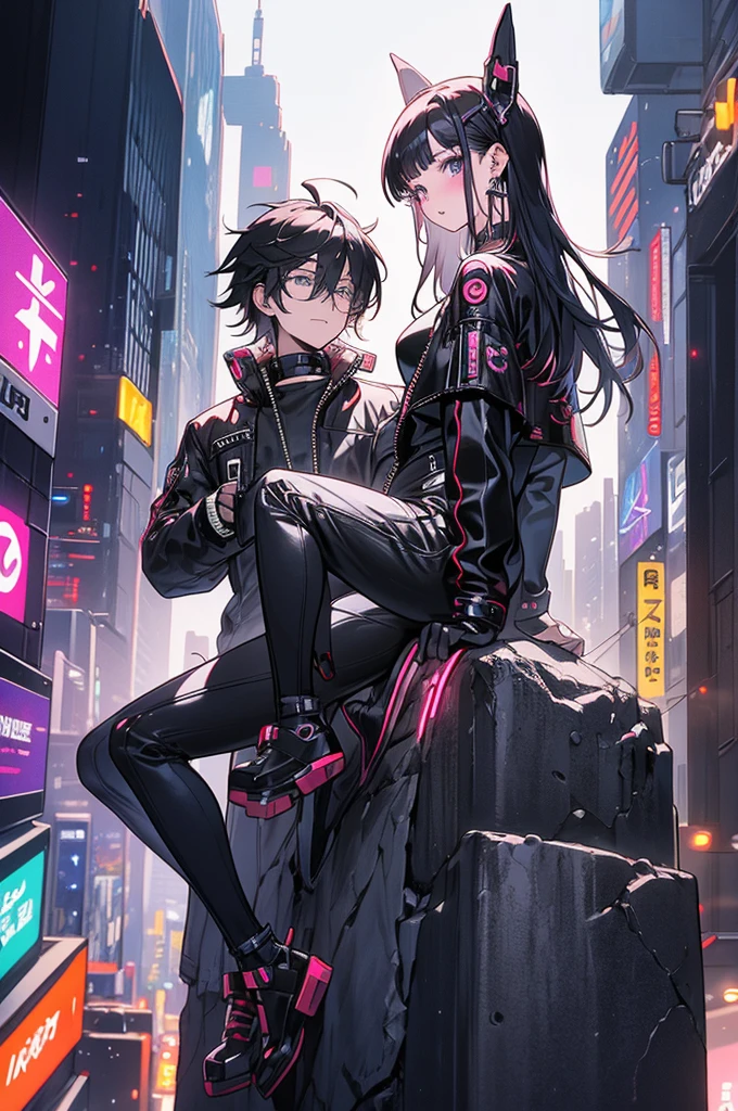 Highest quality, masterpiece, Ultra-high resolution,A man and two women standing on top of a building overlooking the city at night,Neon Town, cyber punk vibe, cyber punk art style, cyber punk vibes, digital cyber punk - anime art, cyber punk themed art, cyber punk anime art, digital cyber punk anime art, in cyber punk style, cyber punk artstyle, has cyber punk style, anime cyber punk art, in cyber punk city, cyber punk art, cyber punk))), cyber punk style, style of cyber punk