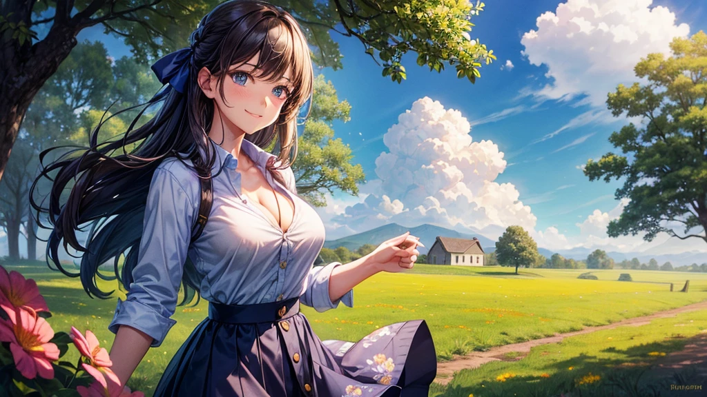 1girl, solo, rural landscape, village, trees, sun, clouds, fantasy, big full breasts, button down shirt, ((floral pattern shirt)), ((short sleeved shirt)), ((unbuttoned shirt)), unbuttoning buttons, cleavage 1:3, blue eyes, dark skirt, smile, looking at the viewer, standing, hair ribbon, golden necklate