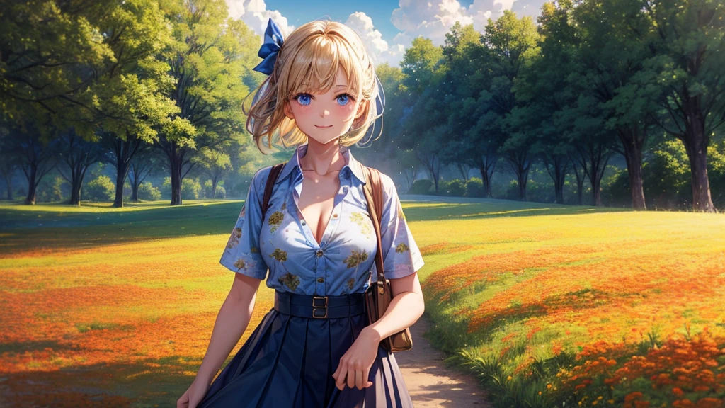 1girl, solo, rural landscape, village, trees, sun, clouds, fantasy, big full breasts, button down shirt, ((floral pattern shirt)), ((short sleeved shirt)), ((unbuttoned shirt)), unbuttoning buttons, cleavage 1:3, blue eyes, dark skirt, smile, looking at the viewer, standing, hair ribbon, golden necklate