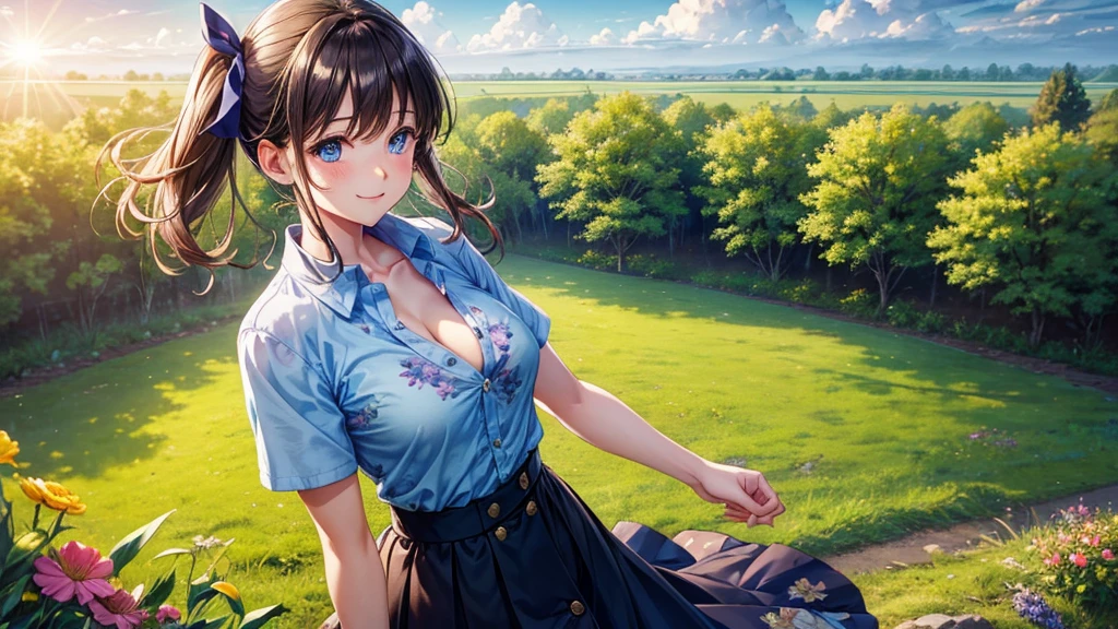 1girl, solo, full body, rural landscape, village, trees, sun, clouds, fantasy, brown hair, ponytail, large breasts, button down shirt, ((blue checked shirt)), ((short sleeved shirt)), ((unbuttoned shirt)), unbuttoning buttons, cleavage 1:3, shirt tied under chest, belly reveal, blue eyes, dark skirt, smile, looking at the viewer, standing, hair ribbon, golden necklate