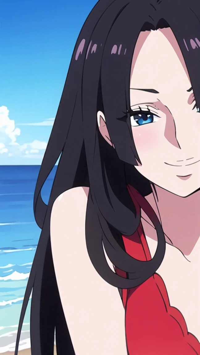 best quality, masterpiece, highly detailed,1girl, (detail light), Boa Hancock,, (masterpiece:1.5), Detailed Photo, Smiling,(8K, Photorealistic, Best Quality: 1.4), (1girl), Beautiful Face, (anime realistic Face), (Black Hair, long Hair: 1.3), Beautiful Hairstyle, Realistic eyes, beautiful detail eyes, (realistic skin), beautiful skin, absurd, attractive, ultra high resolution, ultra realistic, high definition, beach background, large breasts, red bikini