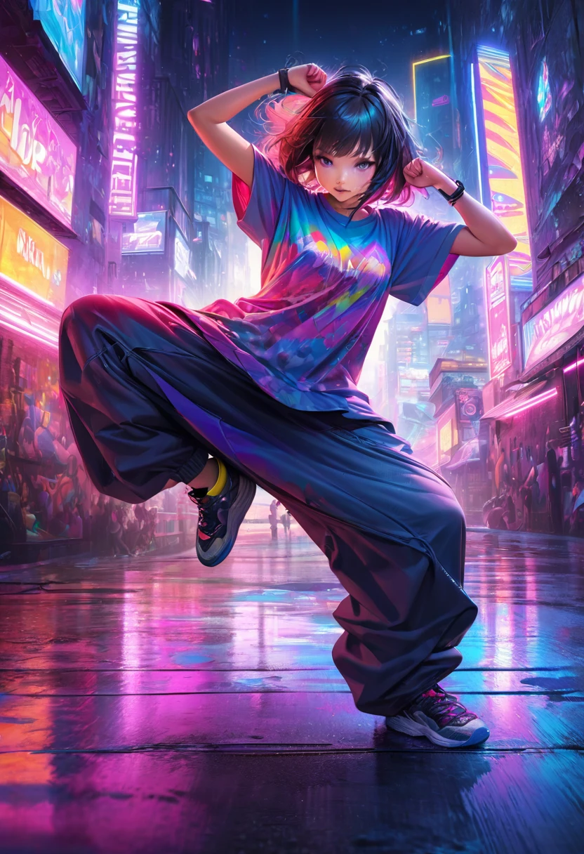 A cute anime girl performing a dynamic popping move, her body locking and popping with sharp, precise movements. Dancer wearing oversized T-shirt and baggy pants, popping dance pose, urban street style, loose-fitting clothes, vibrant colors, dynamic movement, street dance background, The background is a futuristic cityscape with neon lights. High-quality illustration, vibrant colors, detailed fabric textures. colorful illustrations, highly detailed, high resolution, in the style of digital painting, natural lighting, masterpiece, high definition, in the style of octane rendering, hyper realistic.