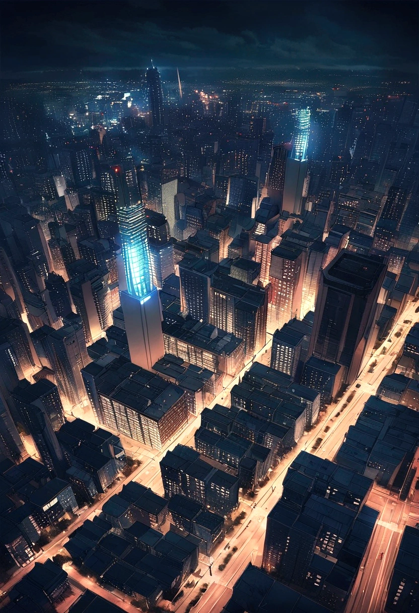 wide view from above of japanese city at night, lights, megacity, skyscrapers, detailed, cinematic lighting, moody atmosphere, dark colors, dramatic shadows, intricate details, ultramodern, glowing windows, aerial perspective, urban sprawl, dynamic composition