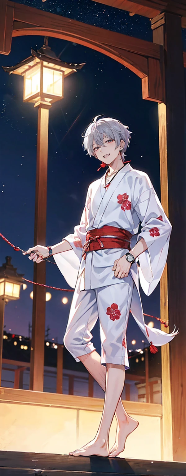 High resolution, High resolution,2D Anime Style,,Cool guy,Mature,,20th generation,Short Wolf Hair,Silver Hair,Red eyes,Beautiful Watches,Beautiful earrings,Beautiful Necklace,Beautiful yukata,He is laughing a little,night,Standing with your legs apart,festival