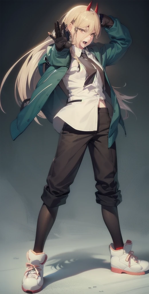 (Full body shot:1.3), White background, Upright stance, Ultra-realistic 8K CG, masterpiece, (Very detailed, Fine details), Highest quality, One girl, (Realistic:1.4),Beautiful lighting, Absurd, RAW Photos, CSM Anime Style, One girl, horn, alone, teeth, sharp teeth, null, Open your mouth, Long Hair, cloud, Hair on one eye, demon horn, Yellow Eyes, Food, Blonde, Anime Coloring, red horn, Jacket, black pants, force (Chainsaw Man), Cruciform pupil, horn, White shirt, pants, Collared shirt, Black tie, blue Jacket,