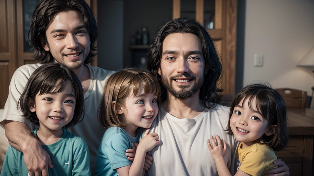 3d pixar style image, Jesus smiling with children around him