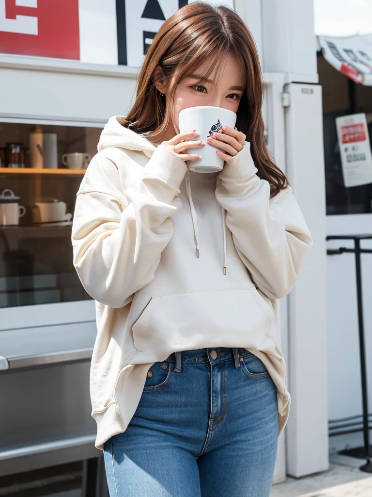 Bright cafe,Hide your face with a mug,20 generation beauty,semi-long,Brown Hair,White hoodie,jeans
